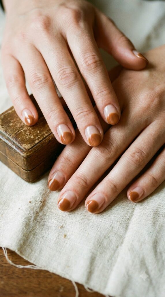 Short round nails with clear base and toasted almond half-moons