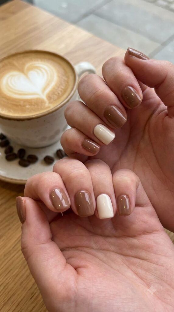 Short square nails alternating mocha brown and cream polish