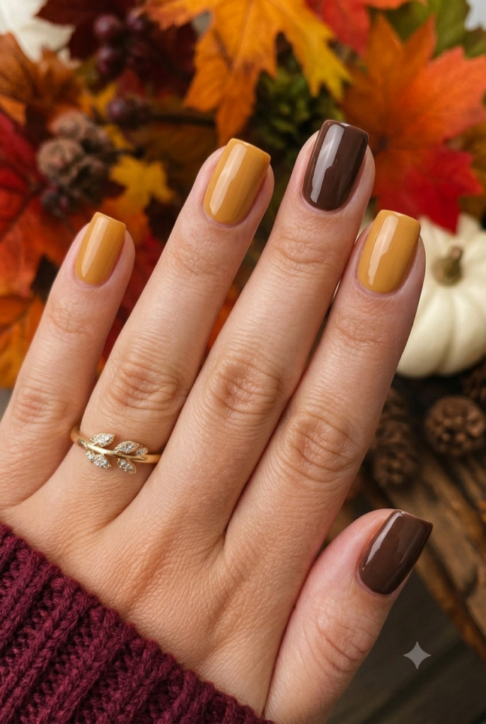 Short square nails alternating mustard yellow and espresso brown