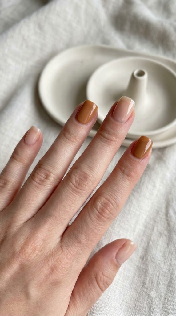 Short square nails with alternating sheer nude and caramel brown