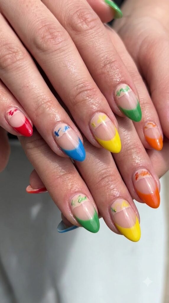 Almond nails with bright tips and soft wrapper-style cuticles