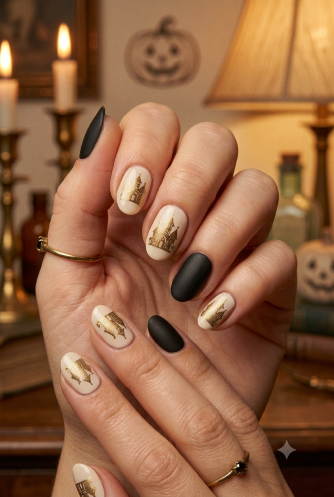 Short almond nails with soft cream base and matte black accent nails