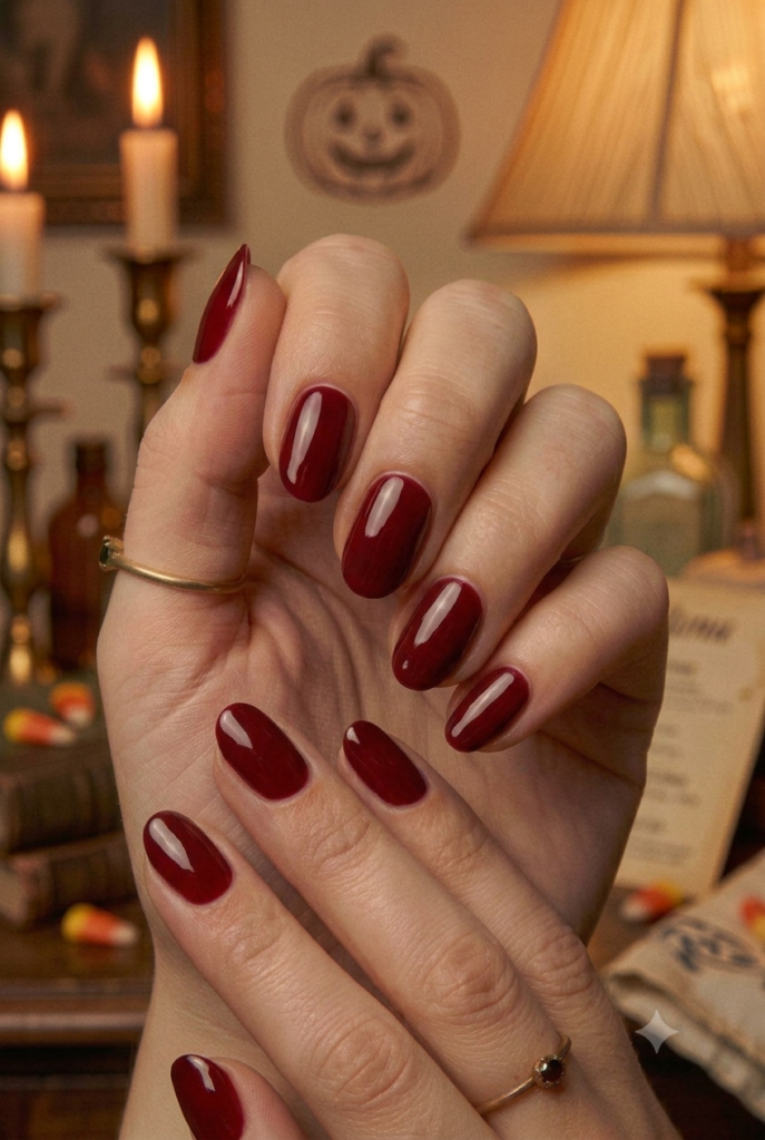 Short almond nails with glossy soft deep wine red vintage polish