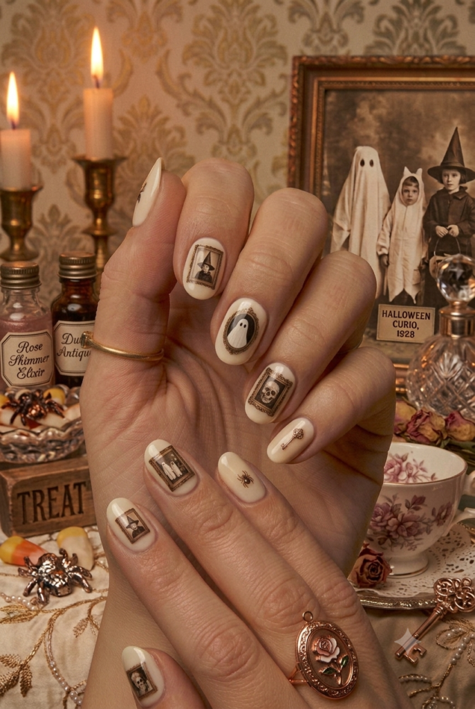 Short almond nails with cream base and tiny vintage picture frame art accents