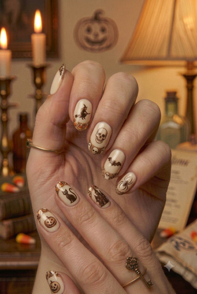 Short almond nails with cream base and tiny vintage postcard French tips