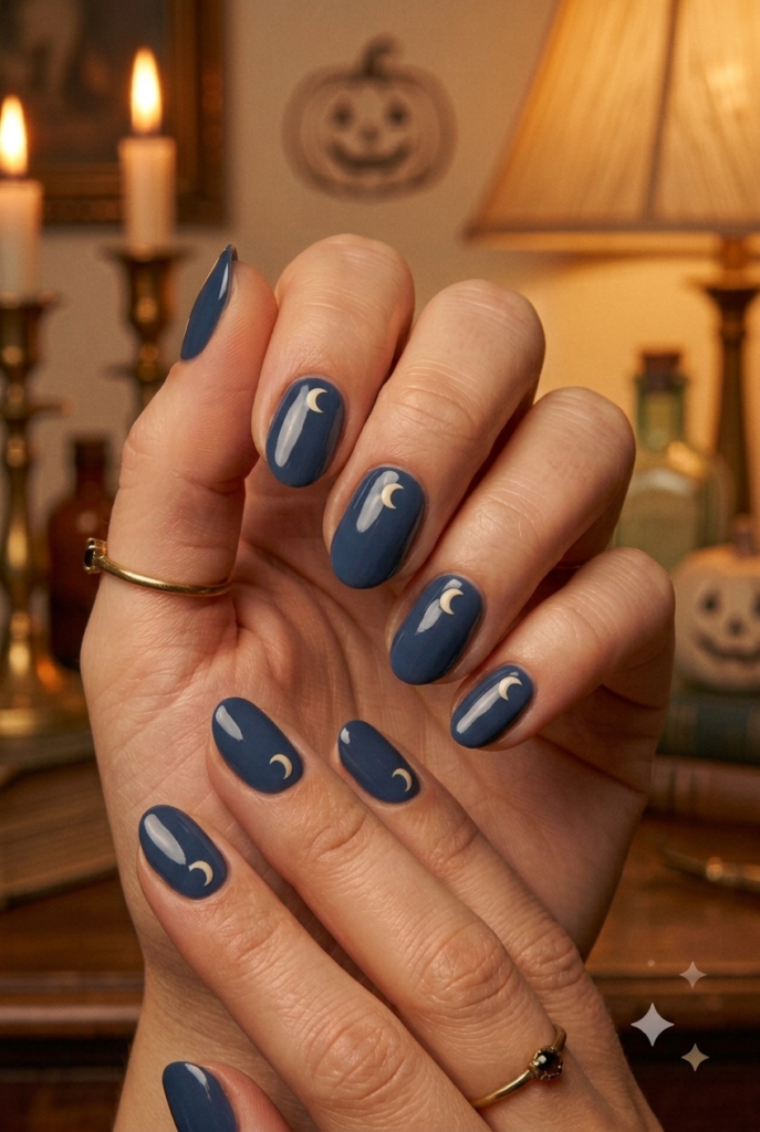 Short almond nails with deep dusty navy blue polish and cream moon accents