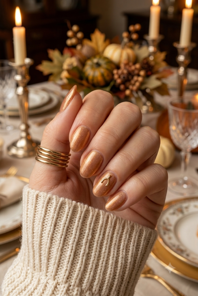 Short almond nails with glossy soft amber bronze shimmer polish