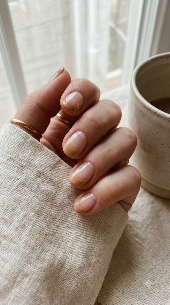Short round nails with clear base and warm beige cuticle half-moons