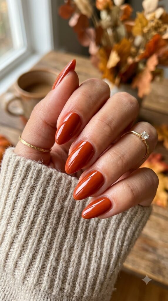 Warm brick red nails for a bold early fall look