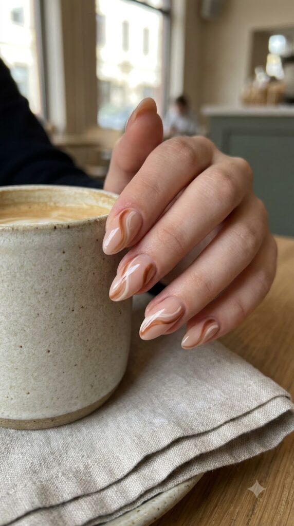 Almond nails with nude base and cinnamon brown swirls