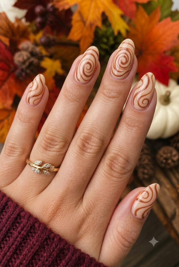 Almond nails with beige base and warm cinnamon brown swirls