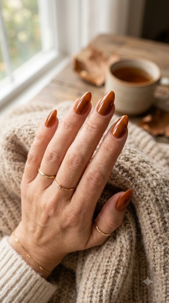 Warm cognac brown nails for a cozy September manicure