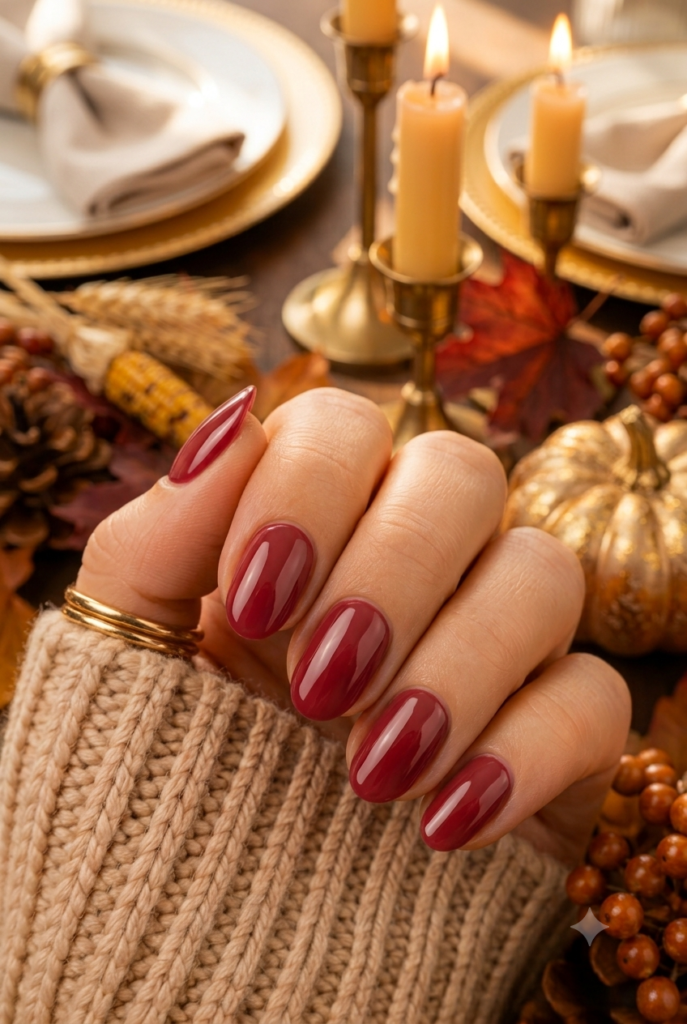 Short almond nails with glossy soft cranberry red polish
