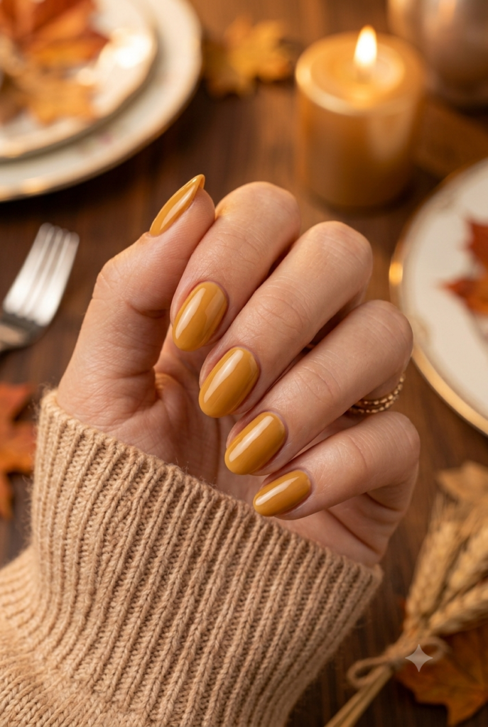 Short almond nails with glossy warm golden wheat polish