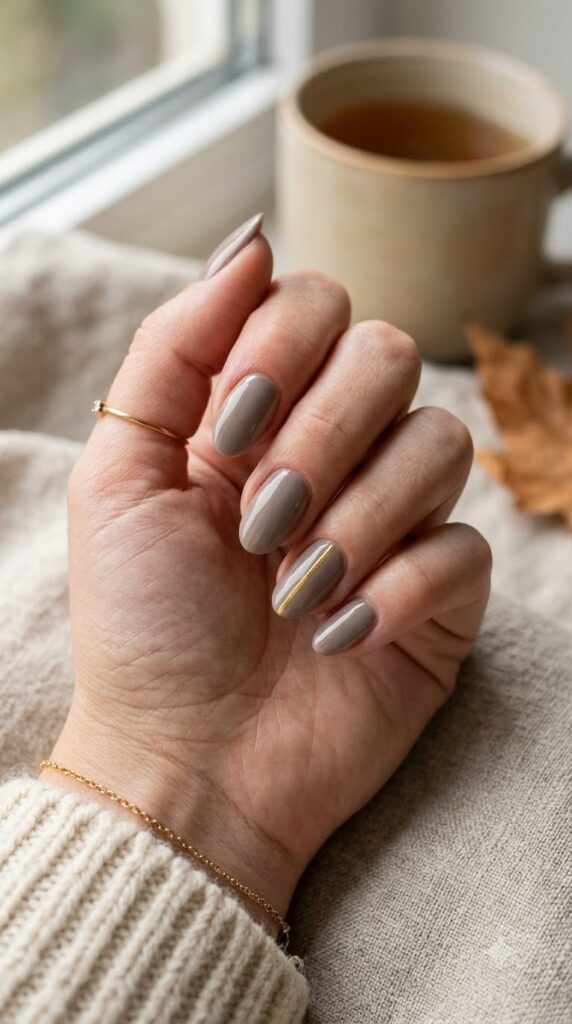 Warm grey nails with a thin gold line accent
