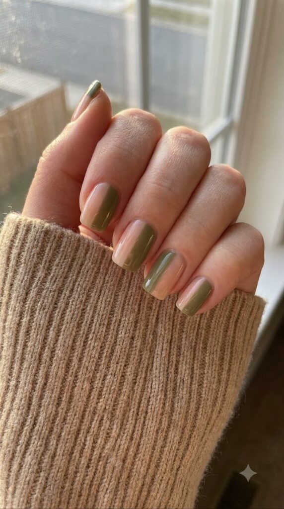 Short square nails split with nude and muted olive green polish