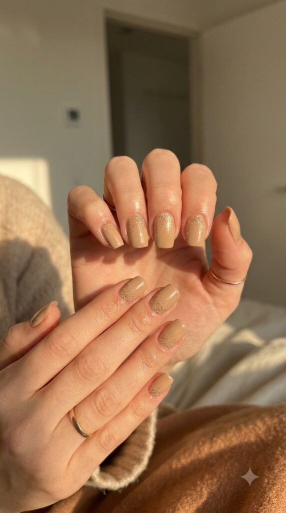 Squoval nails with warm sand base and gold glitter dust cuticles