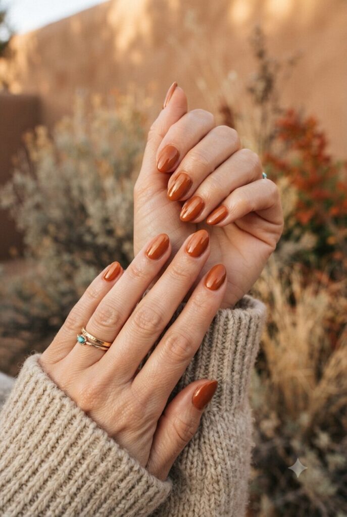 Short almond nails with glossy warm terracotta orange-brown polish