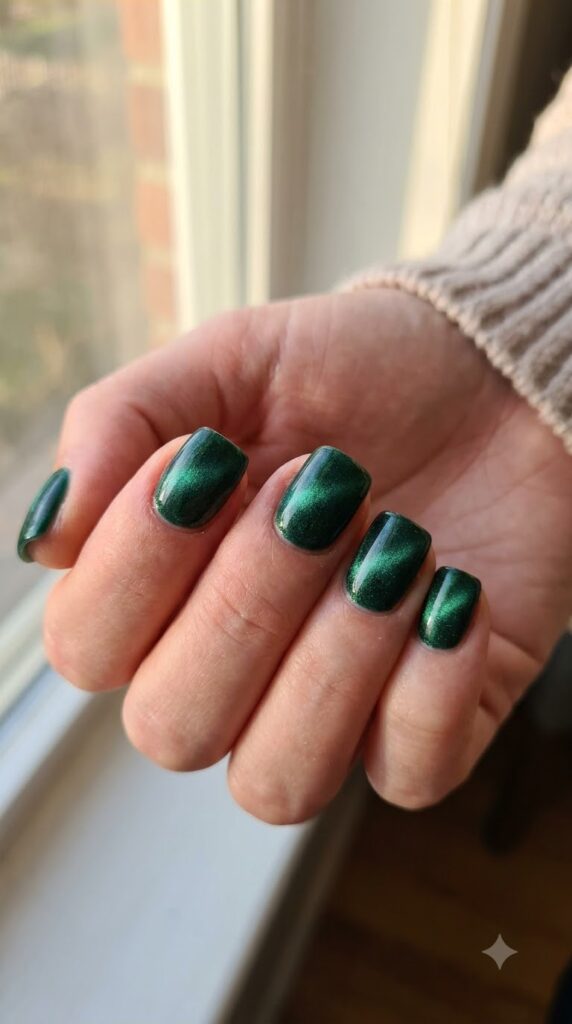 Short squoval nails with Winifred emerald green velvet cat-eye polish