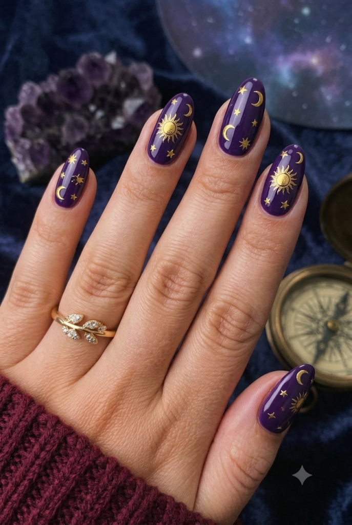 Almond nails with witchy purple polish and gold star moon charms