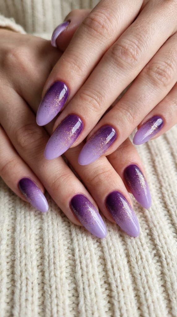 Almond purple lavender ombre nails with gold micro-glitter