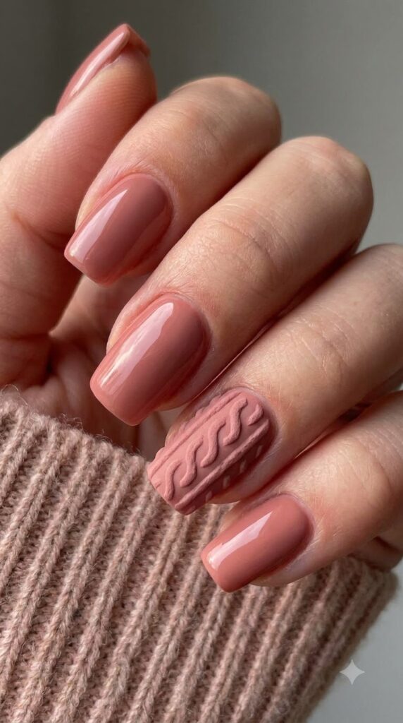 Squoval dusty rose gel nails with 3D raised cable-knit sweater texture in matte