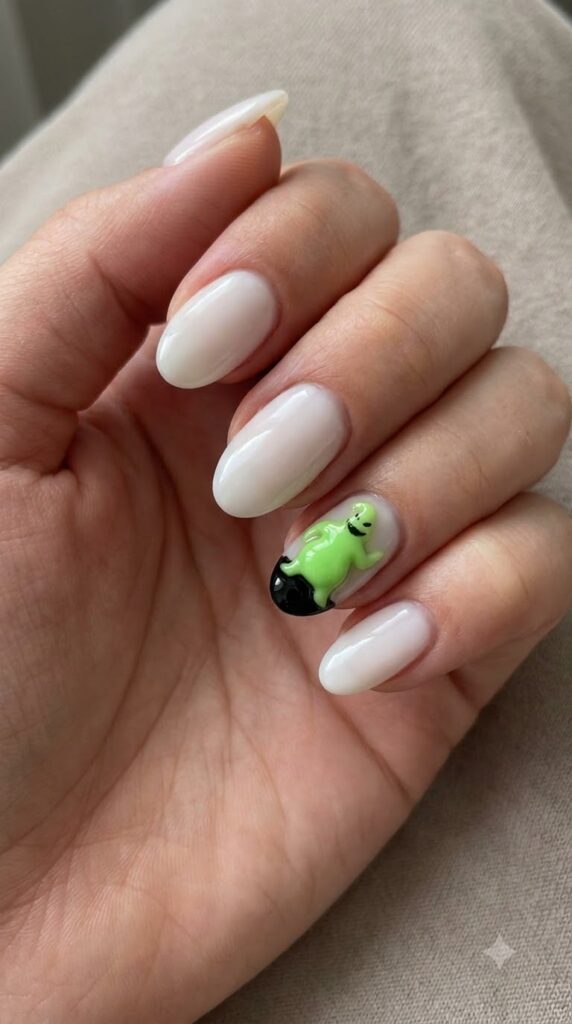 Medium oval milky white nails with 3D raised lime green gel Oogie charm
