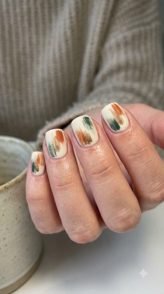 Short squoval off-white nails with dry-brush swipes of orange, brown, green