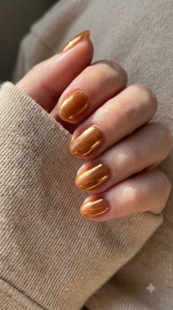 Short oval translucent amber jelly brown nails with golden chrome powder