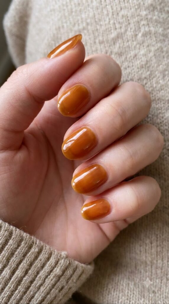 Short oval translucent amber jelly brown nails with honey glass shine