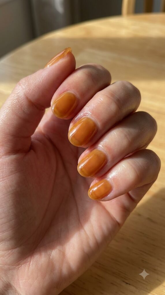 Short oval translucent amber jelly gel nails with glowing glass honey shine
