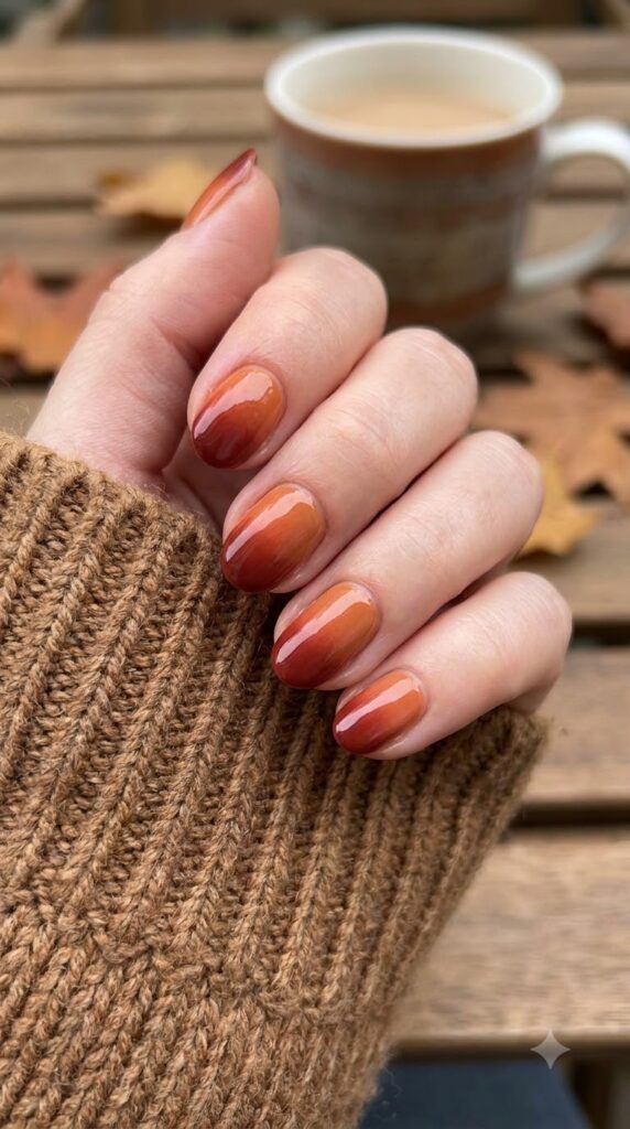 Short oval nails with gradient ombre blending warm orange into deep red