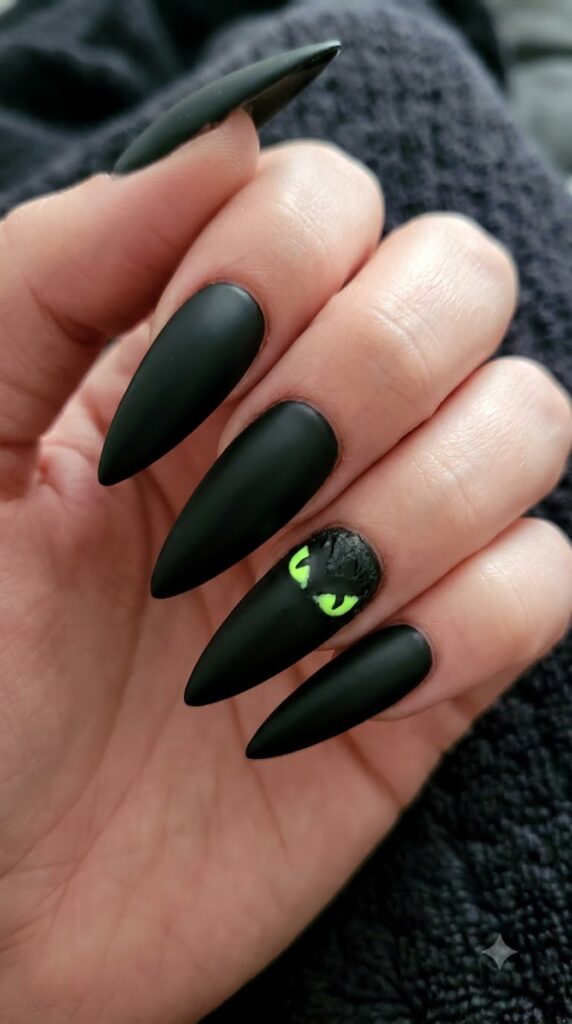 Long stiletto matte black nails with piercing neon lime eyes on accent nail