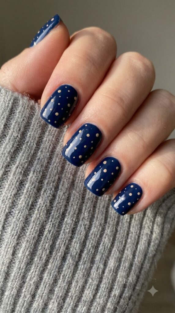 Short squoval deep navy blue nails decorated with tiny hand-painted beige dots