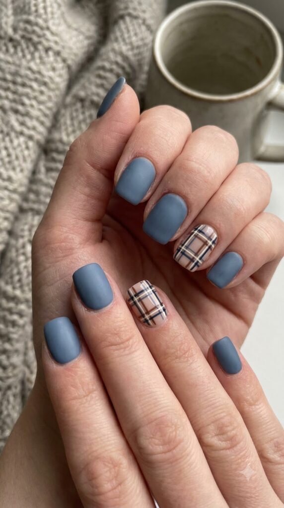 Short square dusty blue nails with fine brown cream navy plaid grid art