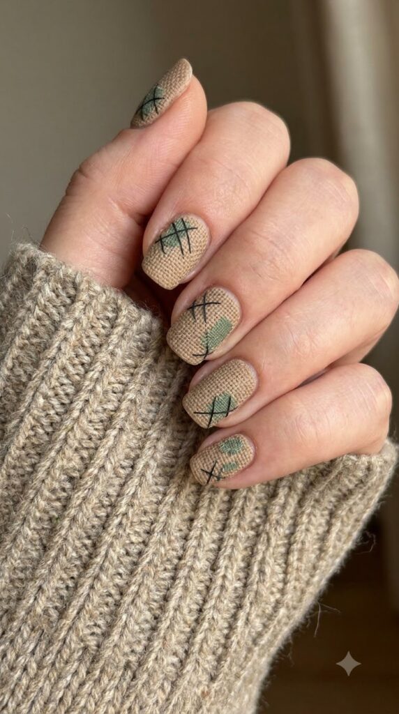Short squoval tan burlap matte nails with black stitches and green patches