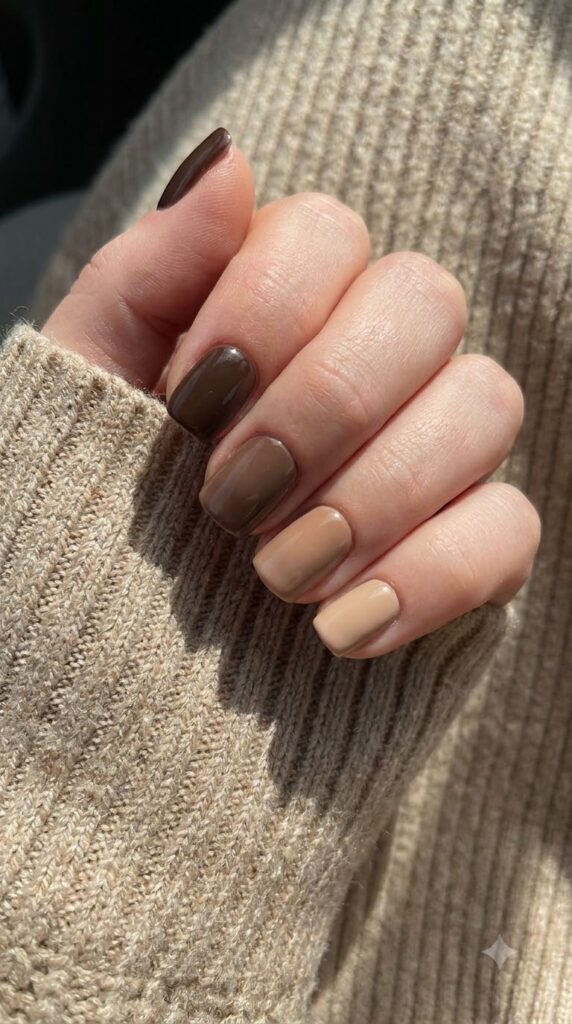 Short square nails in a 5-finger brown gradient from chocolate to tan