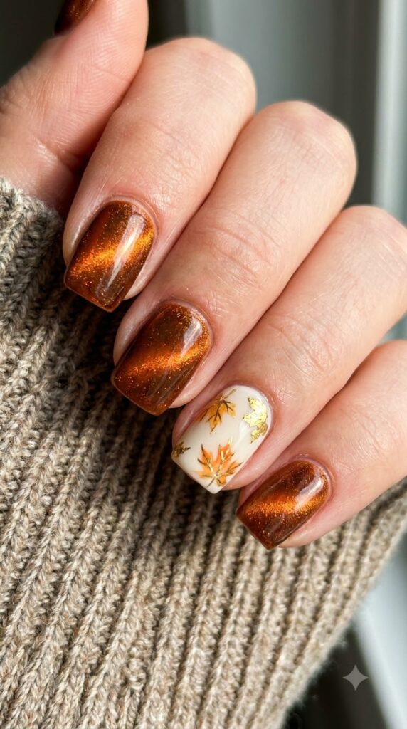 Short square burnt amber cat-eye nails with a white maple leaf accent nail