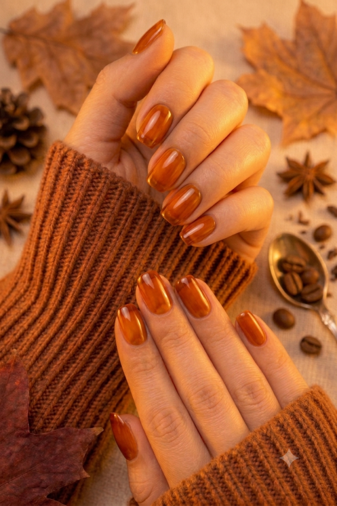 Short oval translucent burnt amber orange jelly nails with honey glass shine