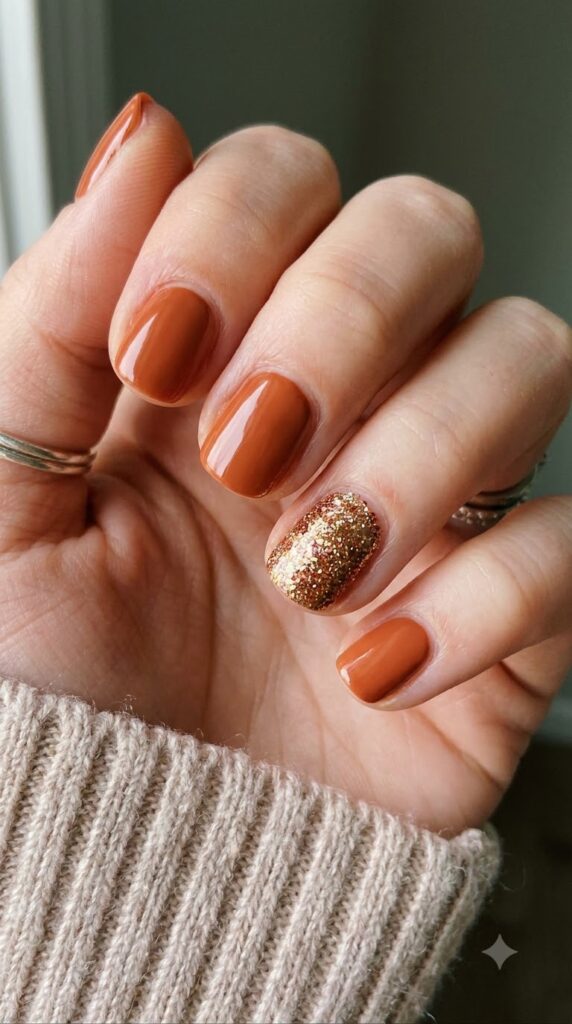 Short round burnt orange nails with a gold copper glitter accent nail