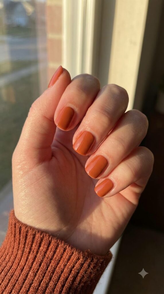 Short squoval nails painted in solid vibrant burnt orange polish