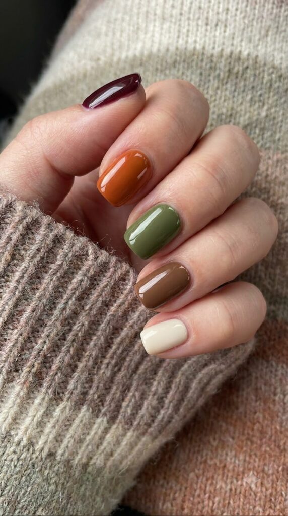 Short squoval nails with a 5-color pumpkin spice autumn gel skittle manicure
