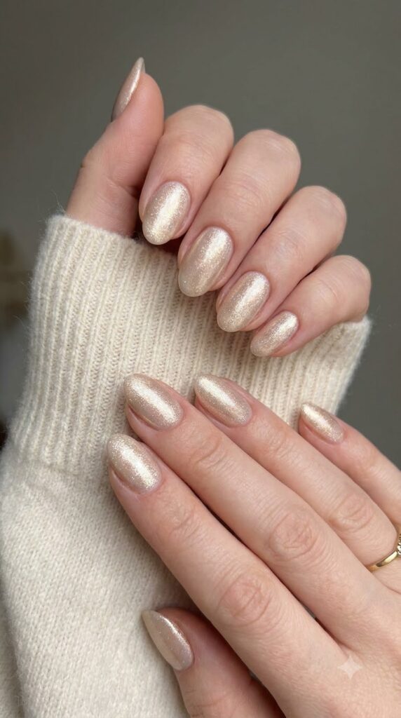 Oval champagne beige nails buffed with pale gold chrome dust