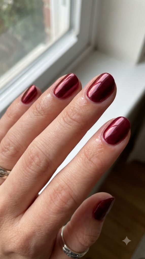 Natural round deep cherry wine red nails with glazed chrome powder finish