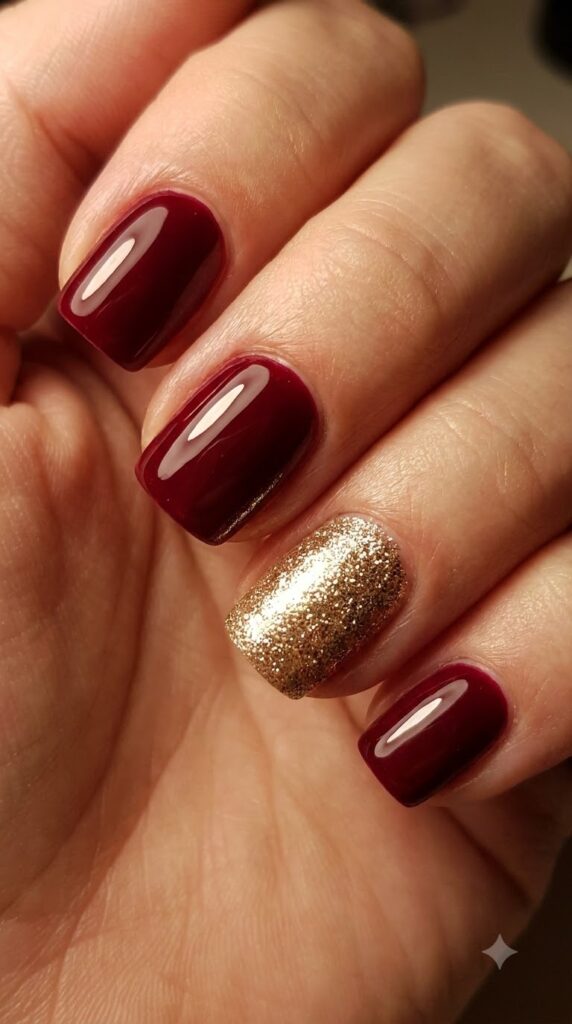 Short square cherry wine red nails with a full gold glitter accent nail