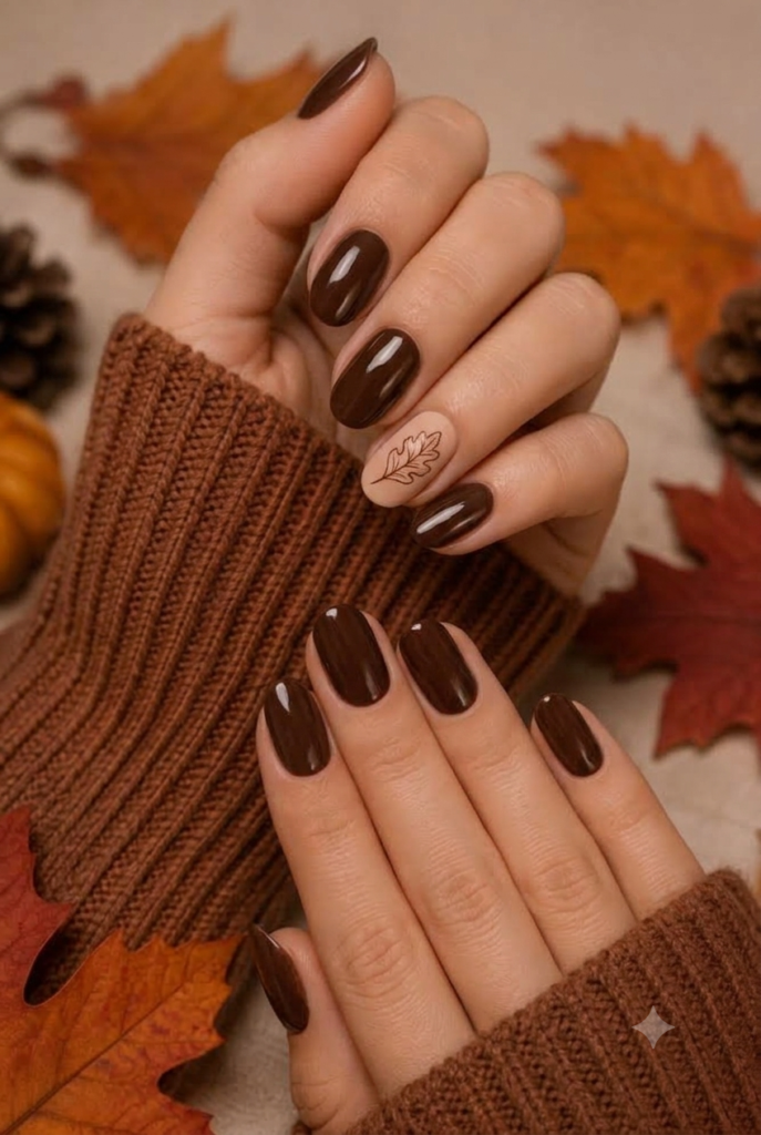 Short oval chocolate brown nails with a single nude accent nail featuring leaf art
