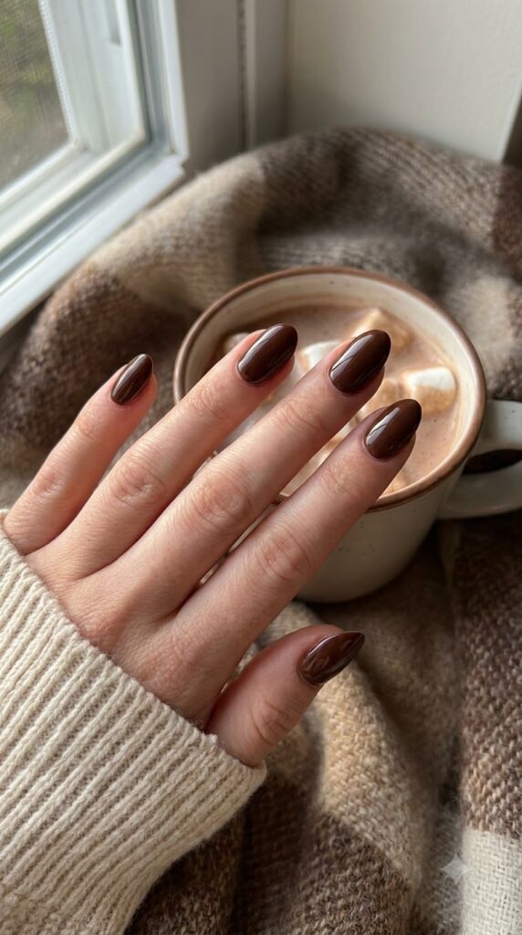 Short almond nails painted in rich glossy chocolate brown polish
