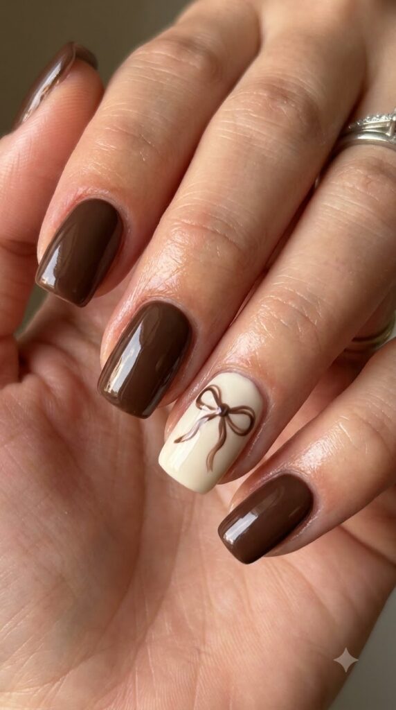 Short squoval chocolate brown nails with a cream bow line art accent