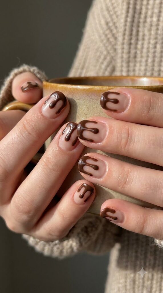 Short round nude nails with glossy chocolate truffle drip art tips