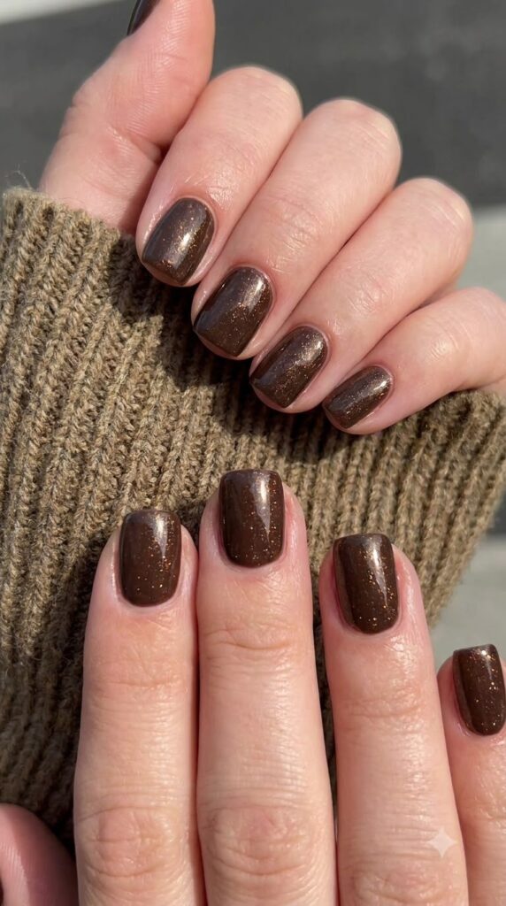Short squoval chocolate brown gel nails infused with warm gold micro-shimmer